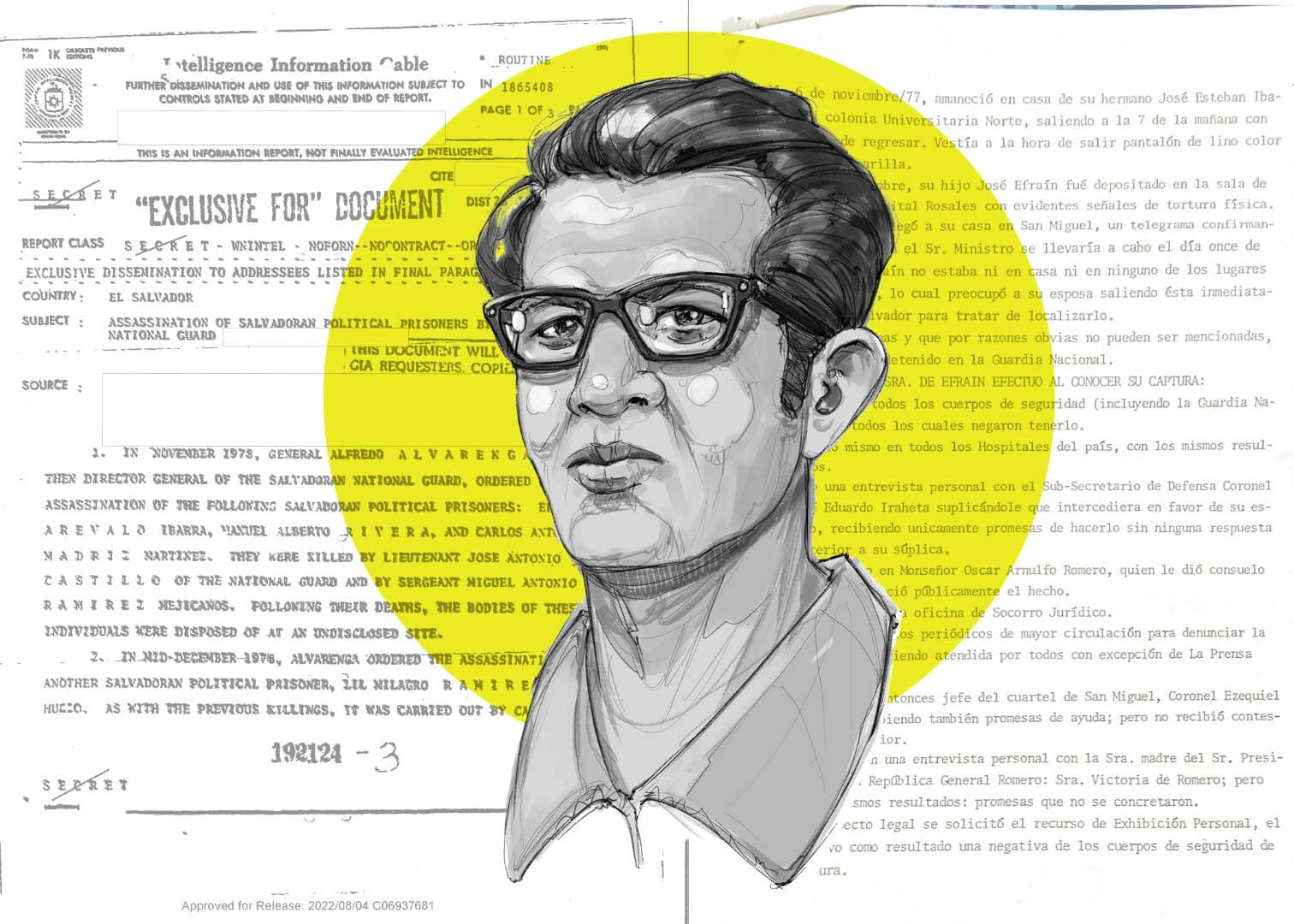 Ilustración en escala de grises de Efraín, con gafas de montura gruesa, con un círculo amarillo estilizado en el fondo que resalta su rostro. Documentos escaneados relacionados con su vida componen el fondo.